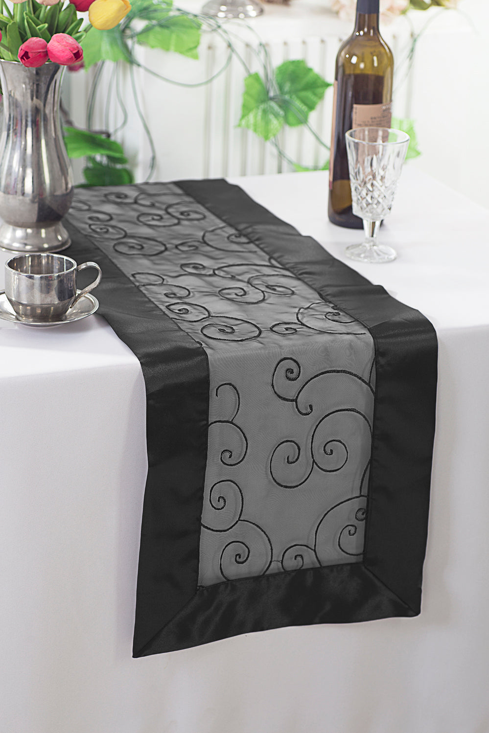 Embroidered Organza Table Runner 12.75x108 Black