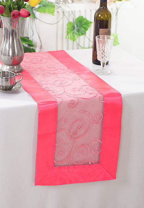 Embroidered Organza Table Runner 12.75x108 Coral