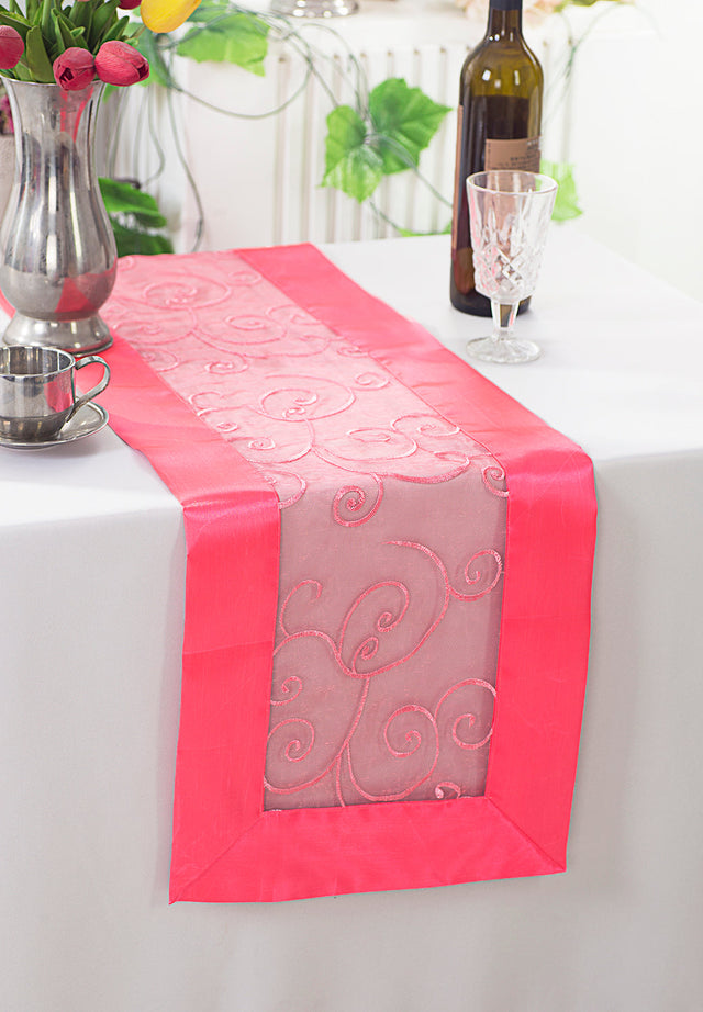 Embroidered Organza Table Runner 12.75x108 Coral