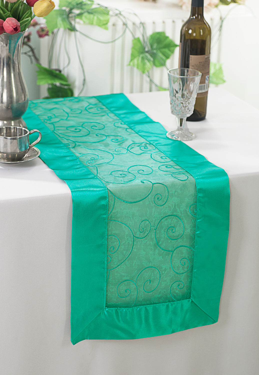 Embroidered Organza Table Runner 12.75x108 Jade