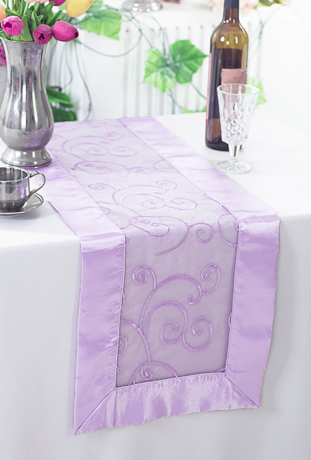 Embroidered Organza Table Runner 12.75x108 Lavender