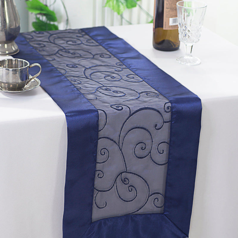 Embroidered Organza Table Runner Navy Blue 12.75x108