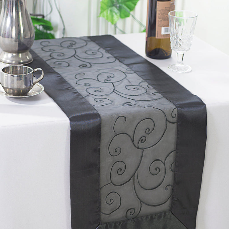Embroidered Organza Table Runner 12.75x108 Pewter/Charcoal