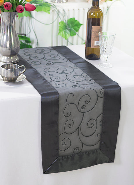 Embroidered Organza Table Runner 12.75x108 Pewter/Charcoal