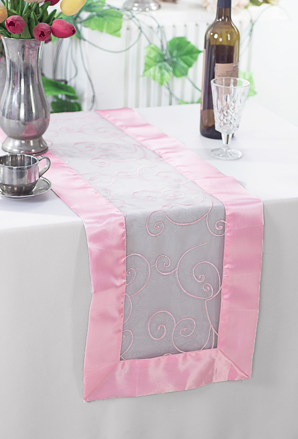 Embroidered Organza Table Runner 12.75x108 Pink