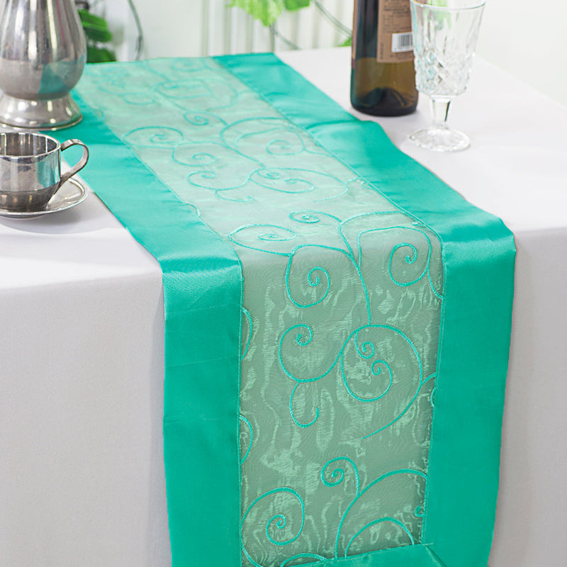 Embroidered Organza Table Runner 12.75x108 Tiff Blue/Aqua Blue