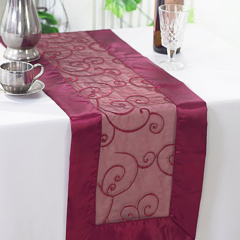 Embroidered Organza Table Runner Burgundy 12.75x108