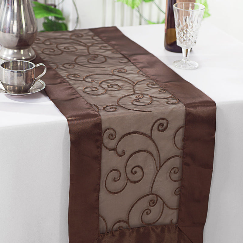 Embroidered Organza Table Runner 12.75x108 Chocolate