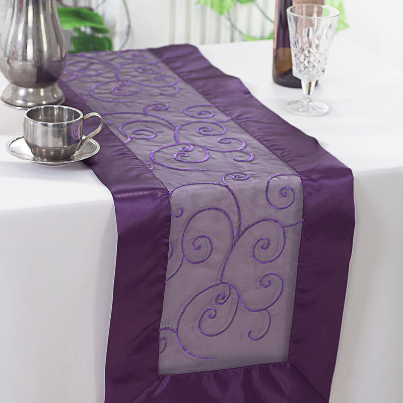 Embroidered Organza Table Runner 12.75x108 Eggplant