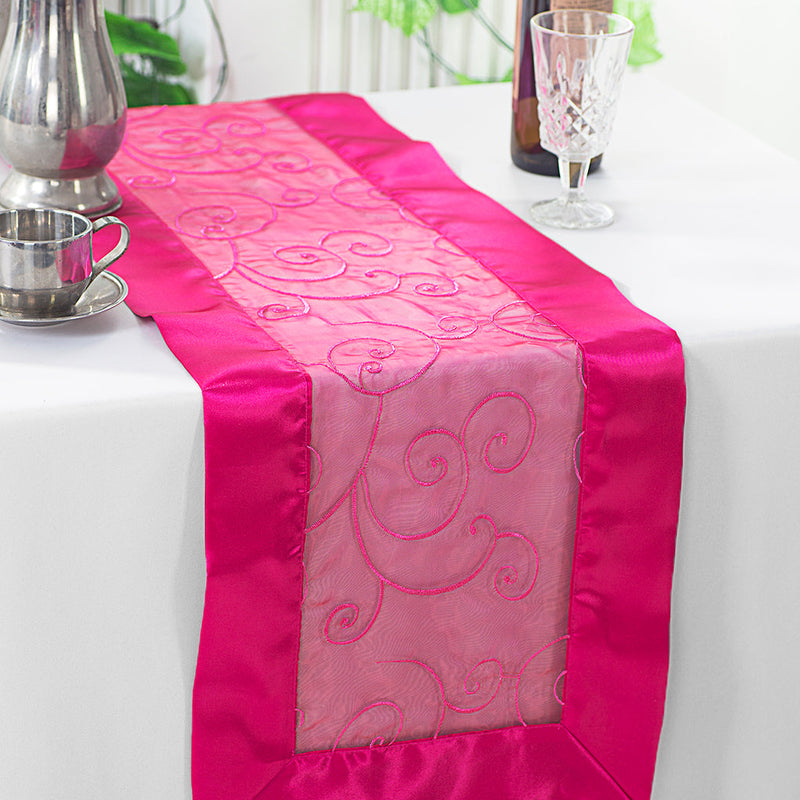 Embroidered Organza Table Runner 12.75x108 Fuchsia