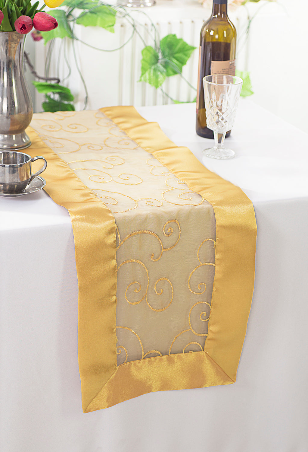 Embroidered Organza Table Runner 12.75x108 Gold