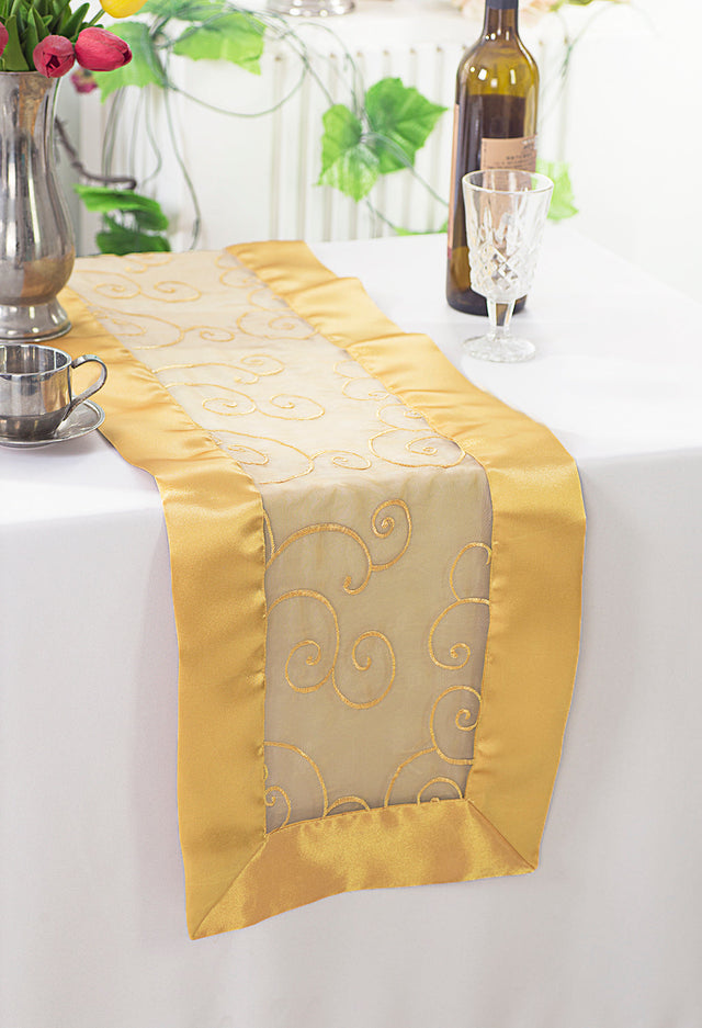 Embroidered Organza Table Runner 12.75x108 Gold