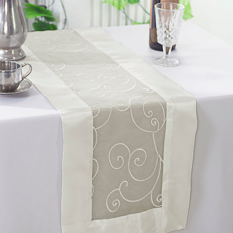 Embroidered Organza Table Runner 12.75x108 Ivory