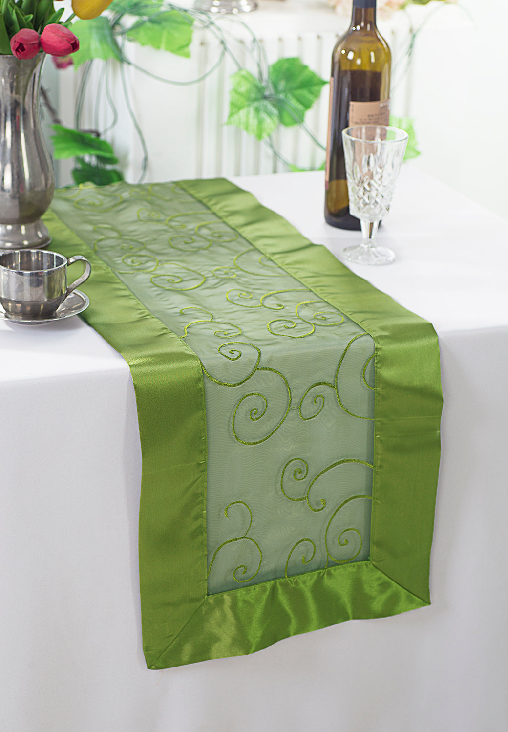 Embroidered Organza Table Runner 12.75x108 Moss Green