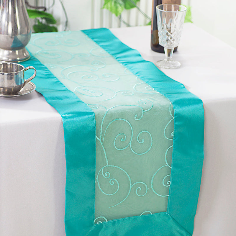Embroidered Organza Table Runner 12.75x108 Pool Blue