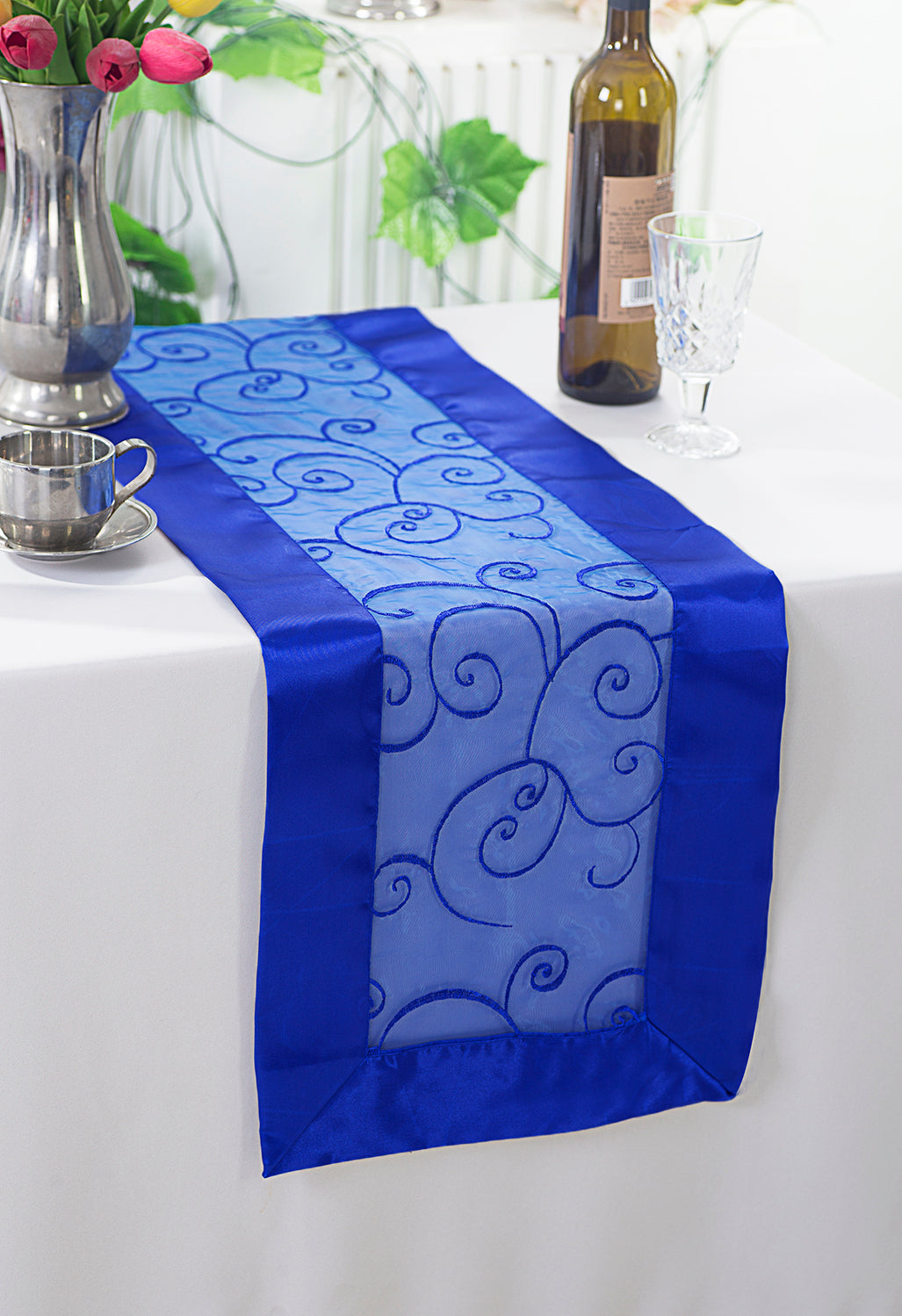 Embroidered Organza Table Runner 12.75x108 Royal Blue