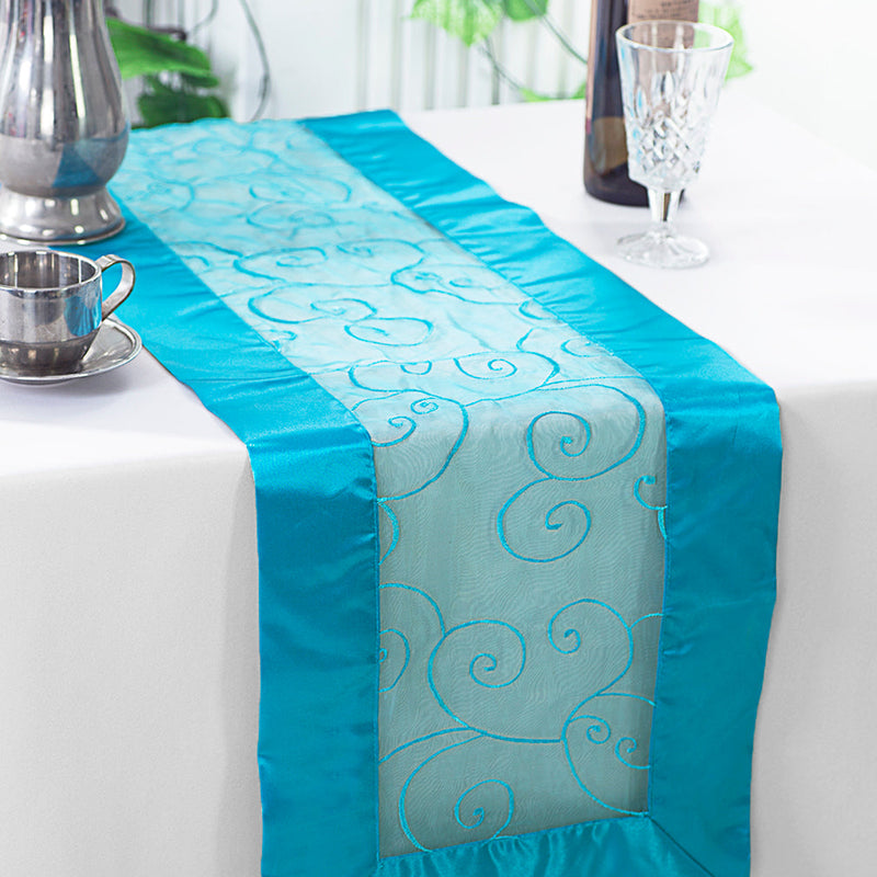 Embroidered Organza Table Runner 12.75x108 Turquoise