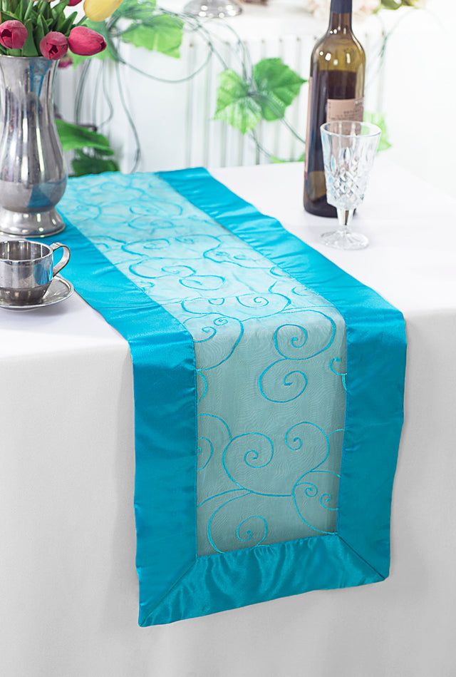 Embroidered Organza Table Runner 12.75x108 Turquoise