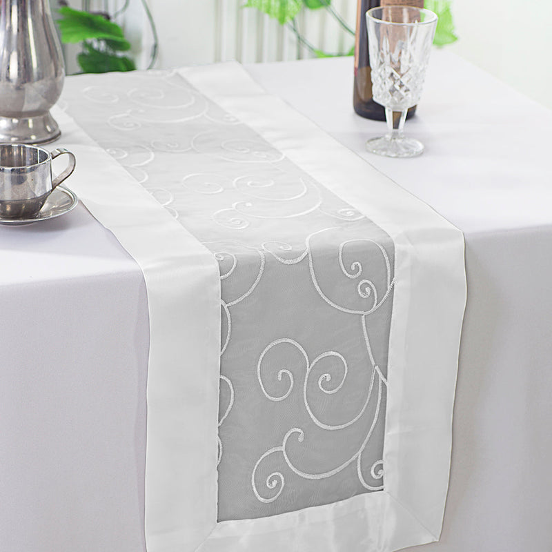 Embroidered Organza Table Runner White 12.75x108