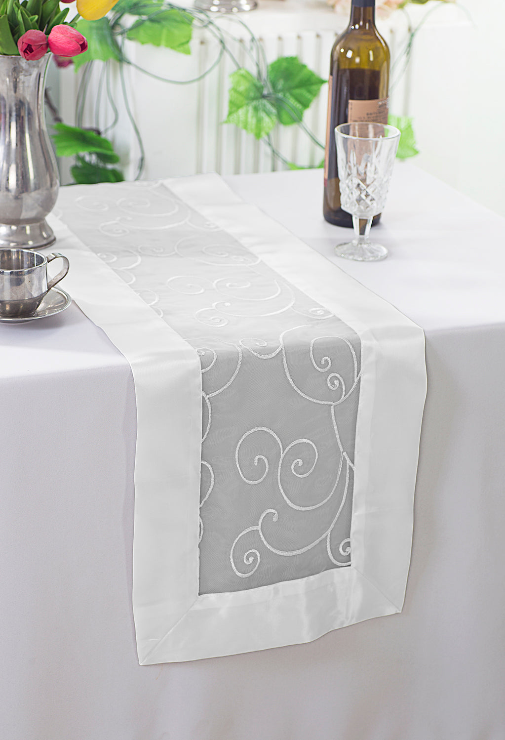Embroidered Organza Table Runner White 12.75x108
