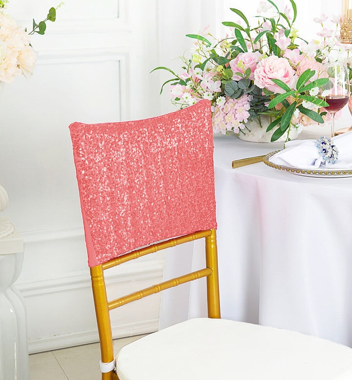 1 Piece Coral Sequin Spandex Chair Cap 13.5 inch by 10 inch Party Decor
