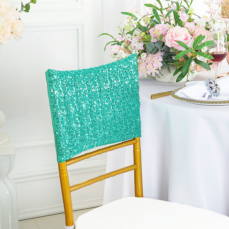 Sequin Spandex Chair Cap 13.5x10 Tiff Blue/Aqua Blue