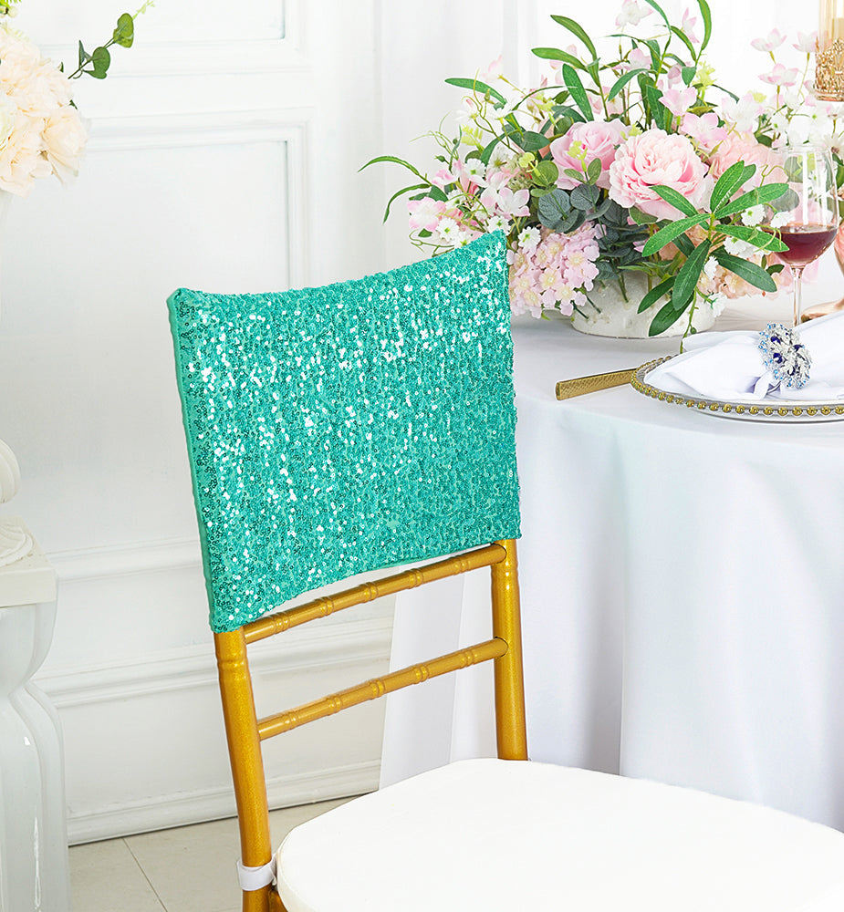 Sequin Spandex Chair Cap 13.5x10 Tiff Blue/Aqua Blue