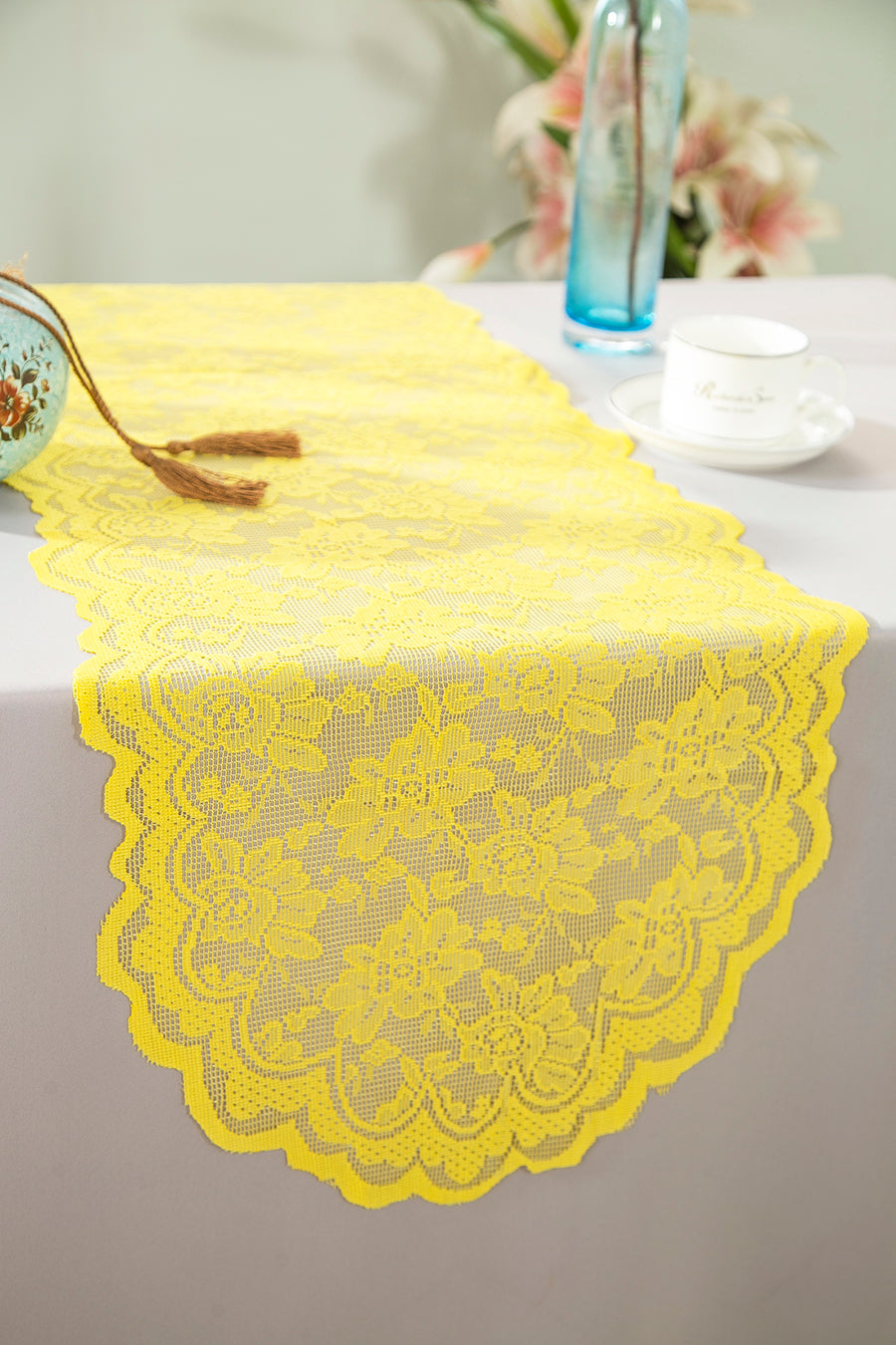 Lace Table Runner 13.5x108 Canary Yellow