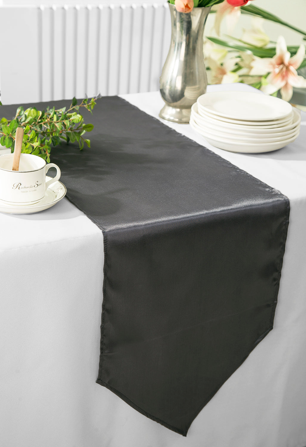 Satin Table Runner 13.5x108 Pewter/Charcoal