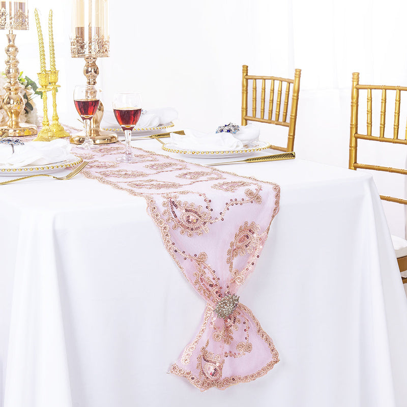 Paisley Sequin Lace Table Runner 13x108 Blush Pink/Rose Gold