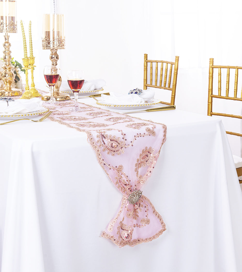 Paisley Sequin Lace Table Runner 13x108 Blush Pink/Rose Gold