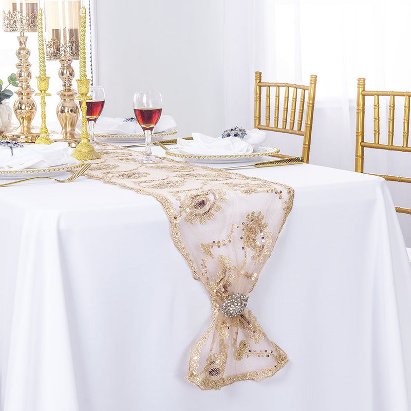 Paisley Sequin Lace Table Runner 13x108 Champagne