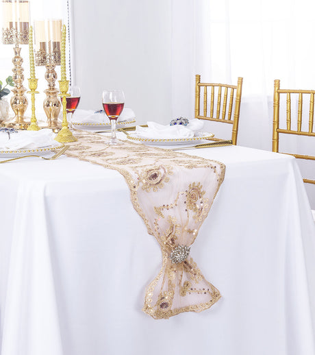 Paisley Sequin Lace Table Runner 13x108 Champagne