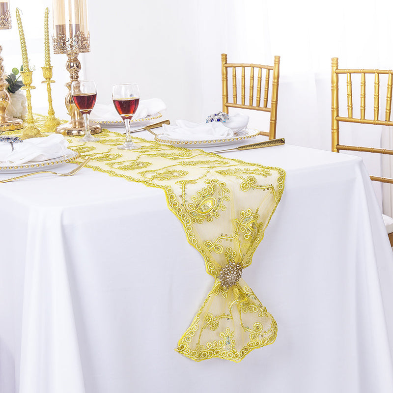 Paisley Sequin Lace Table Runner 13x108 Light Gold