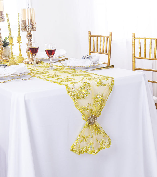 Paisley Sequin Lace Table Runner 13x108 Light Gold