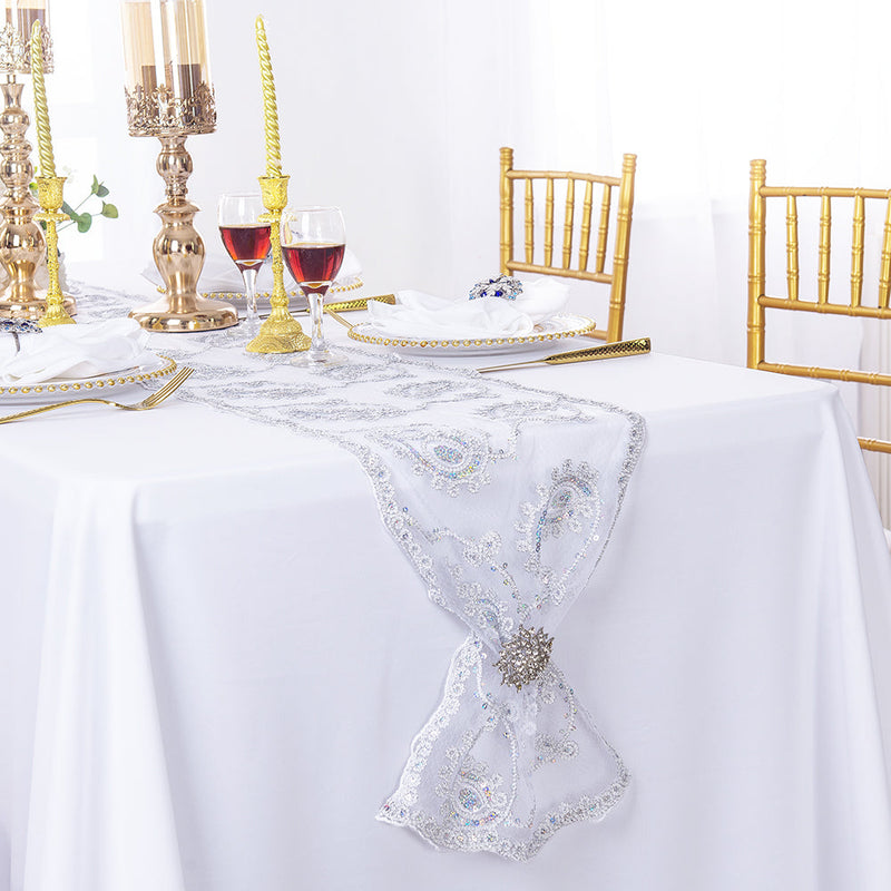 Paisley Sequin Lace Table Runner 13x108 Platinum