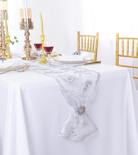 Paisley Sequin Lace Table Runner 13x108 Platinum