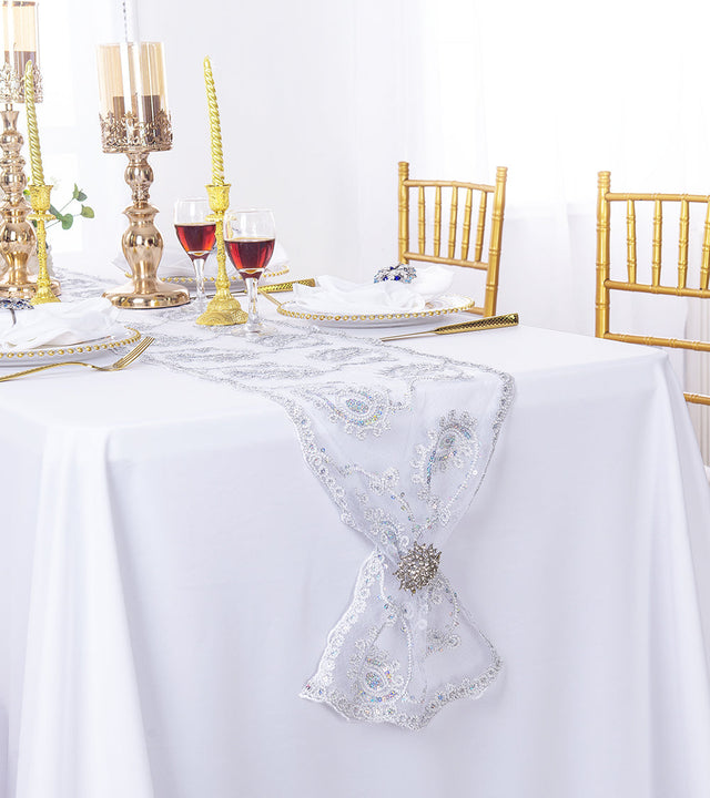Paisley Sequin Lace Table Runner 13x108 Platinum