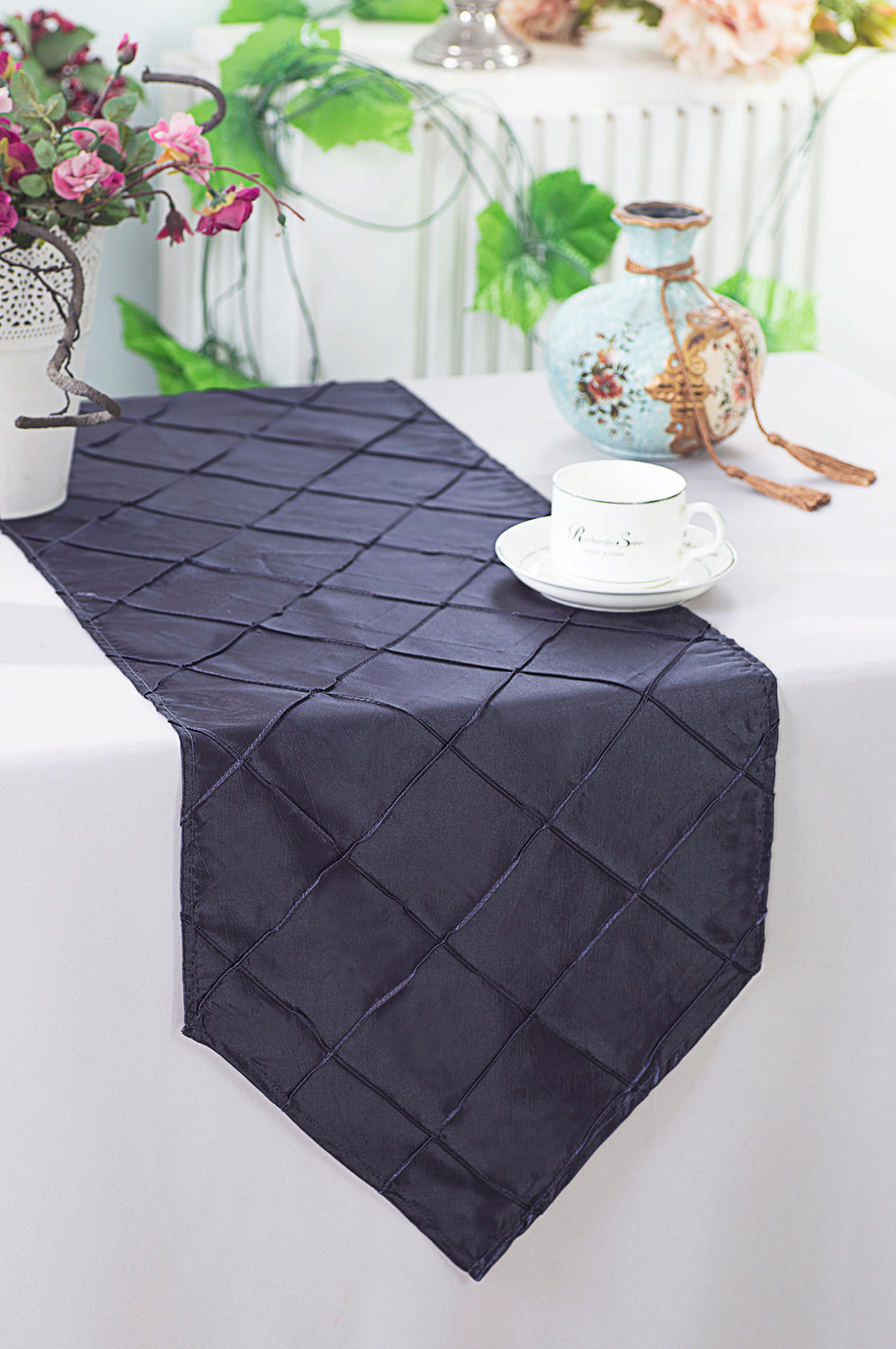 Pintuck Taffeta Table Runner 13x108 Pewter/Charcoal