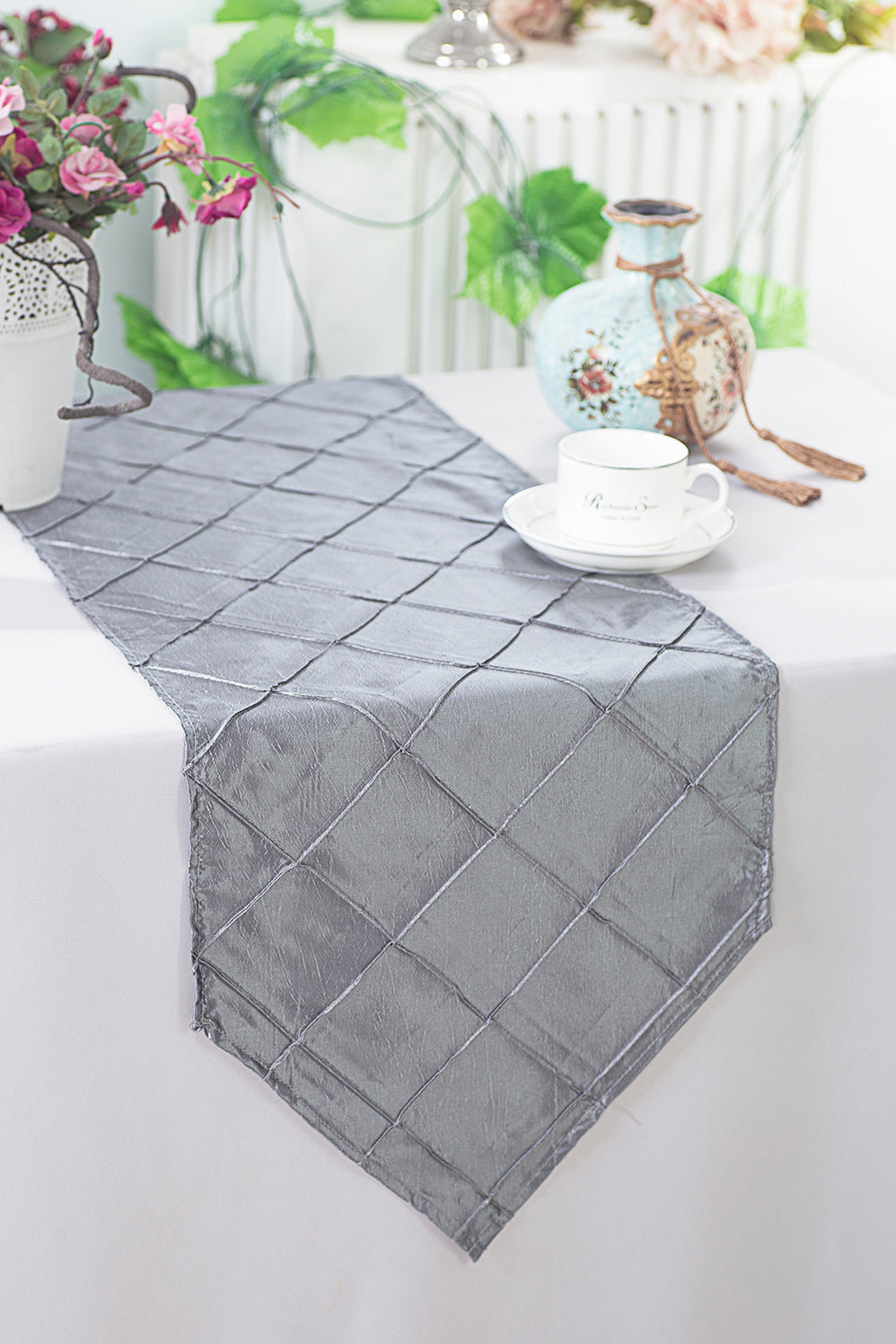 Pintuck Taffeta Table Runner 13x108 Silver