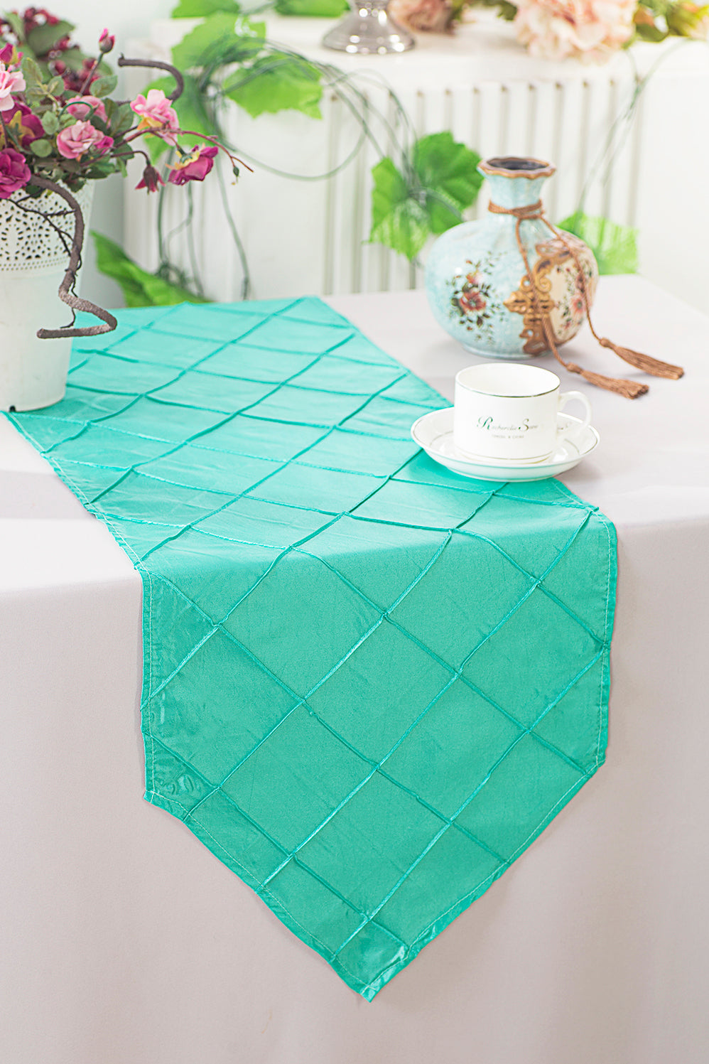 Pintuck Taffeta Table Runner 13x108 Tiff Blue/Aqua Blue