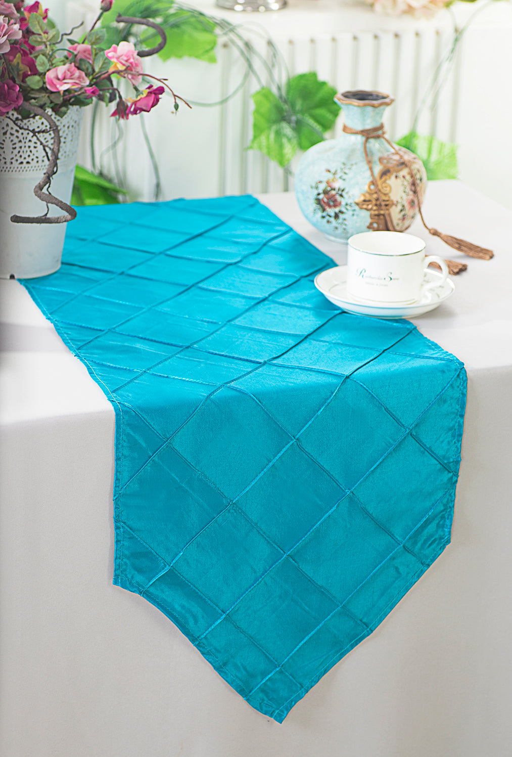 Pintuck Taffeta Table Runner 13x108 Turquoise