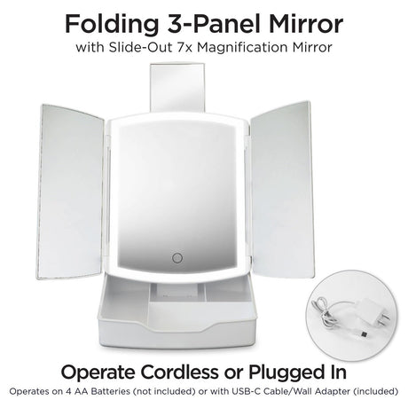 iHome iCVS30 Portable Tri-Fold Lighted Vanity Mirror with Makeup Organizer – Three Color Light Modes