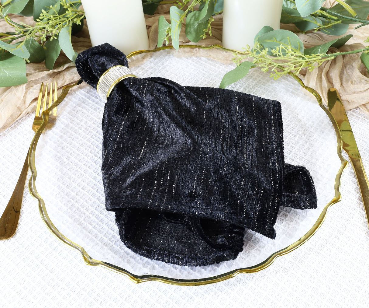 Chenille Shimmer Metallic Jacquard Velvet Dinner Napkin Sample 20x20 Black
