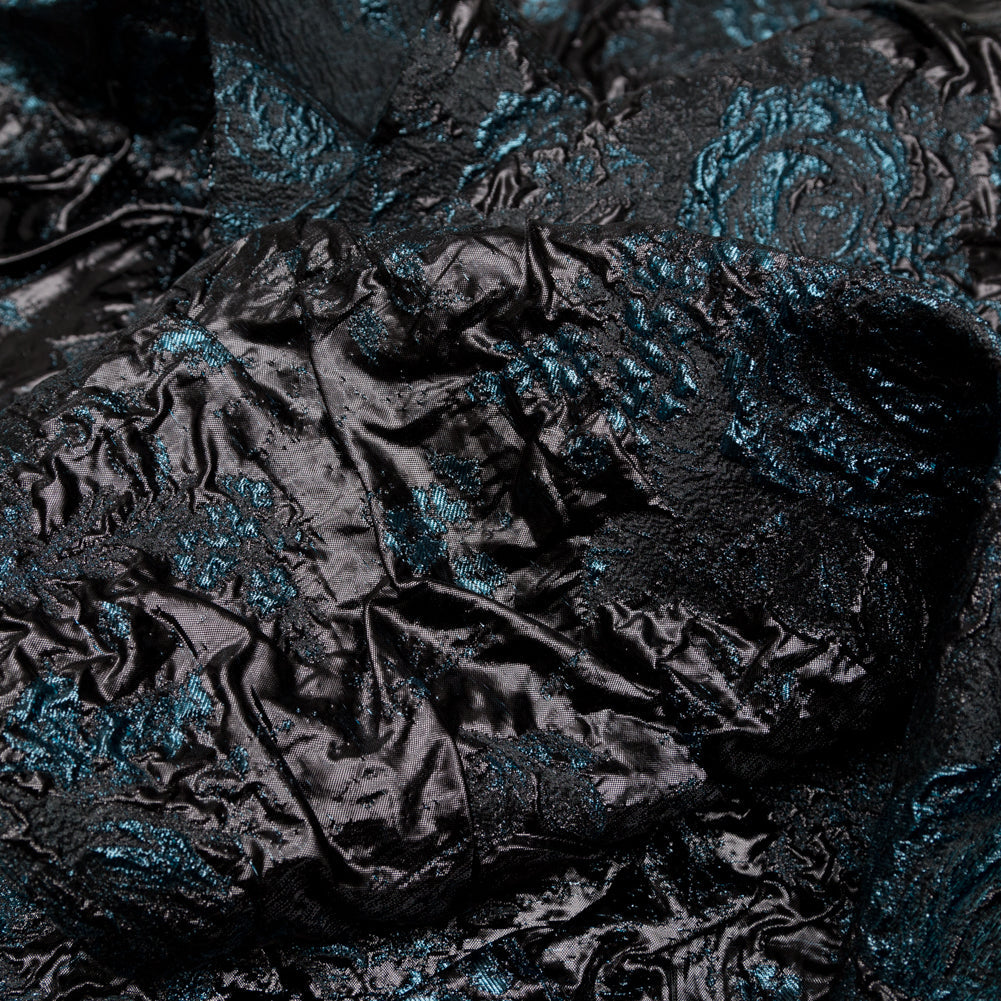Metallic Gibraltar Sea and Black Floral Luxury Double Layer Organza Brocade