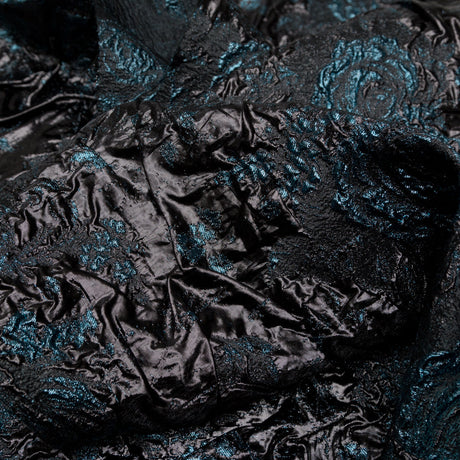 Metallic Gibraltar Sea and Black Floral Luxury Double Layer Organza Brocade