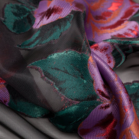 Metallic Space Cherry, Chinese Violet and Rain Forest Floral Luxury Organza Jacquard