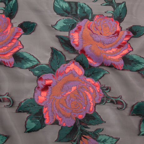Metallic Space Cherry, Chinese Violet and Rain Forest Floral Luxury Organza Jacquard