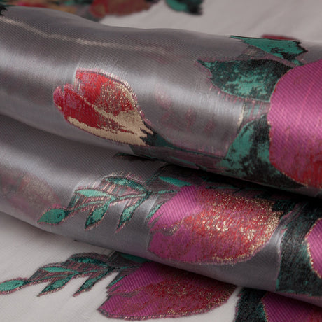 Metallic Gold, Red and Volcanic Glass Floral Luxury Organza Jacquard