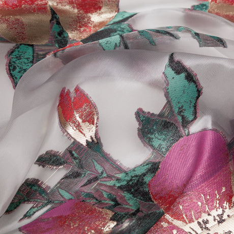 Metallic Gold, Red and Volcanic Glass Floral Luxury Organza Jacquard